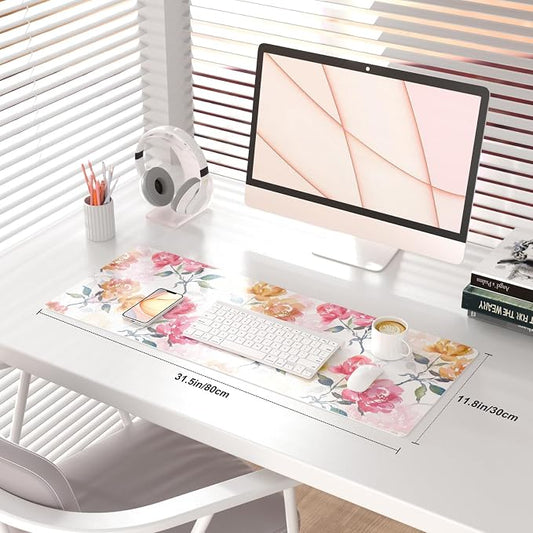 QiyI Floral Mouse Pad, Watercolor Flowers Desk Mat for Desktop, Women Girls Office Décor Accessories, PU Leather Waterproof Gaming Mousepad, Pink Yellow Peonies Desk Pad Computer Mat, 31.5" x 11.8"