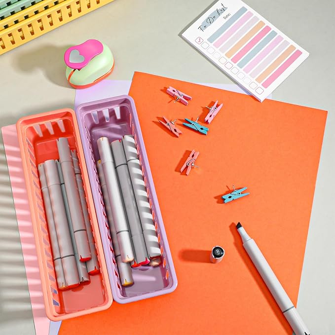 24Pack Small Pencil Basket, 10" x 3" Plastic Pencil Holder for Classroom, Slim Stackable Pencils Tray Storage for Office Desk and Elementary Teacher Organization Supplies (Colorful)