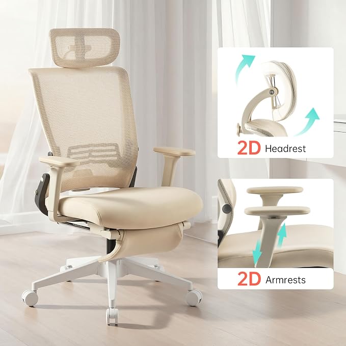 Foldable Office Chair with Foot Rest, Ergonomic Office Chair with Adjustable Lumbar Support, Headrest, Armrest, Home Office Desk Chair for Space Saving, Work from Home, Cream