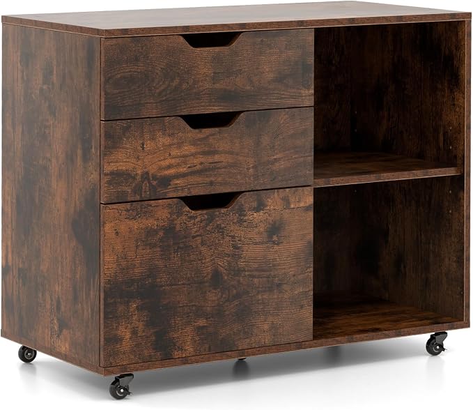 3 Drawer File Cabinet, Wood Lateral Filing Cabinet for Hanging Letter, A4, Legal Size, Rolling Printer Stand with Adjustable Shelf, Under Desk Storage for Home Office (Brown)