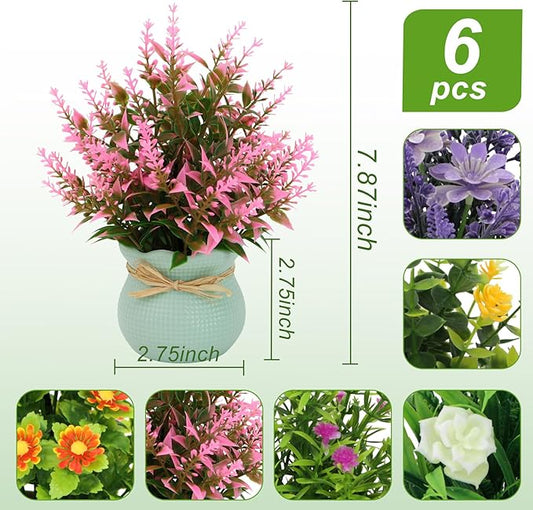 Yoratee 6PCS Artificial Flowers Pot Small Fake Plants with Mini Potted Plants for Home Office Tabletop Centerpiece Decoration