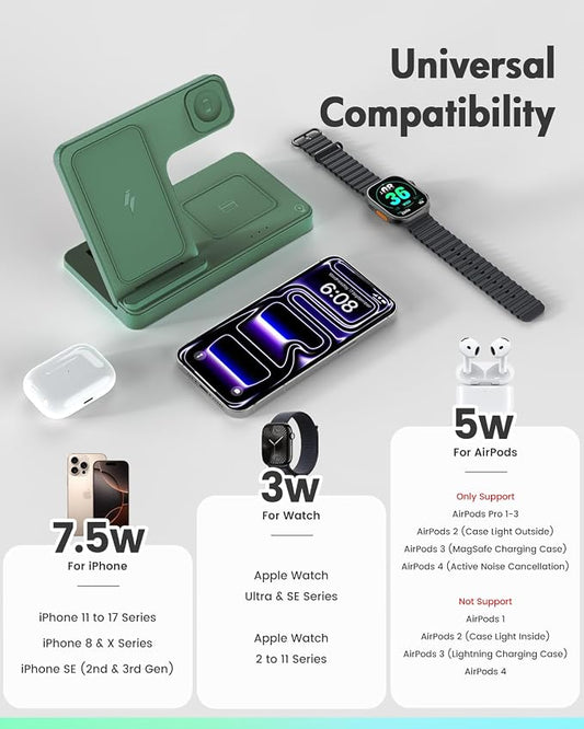 Wireless Charger Stand Charging Station: 3 in 1 Charger Multiple Devices for Apple iPhone 17 16e 16 15 14 Pro Max 13 12 11 for Watch 11 10 9 8 7 6 5 4 3 2 SE and Ultra & Airpods Series, Dark Green
