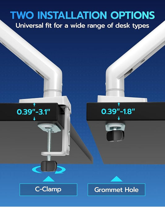 ARES WING Heavy Duty Single Monitor Arm - Fully Adjustable Monitor Mount for 17"-40" Ultrawide Screens up to 26.4 lbs with Clamp/Grommet Desk Mount and USB A/C, 75/100 Vesa Mount, White