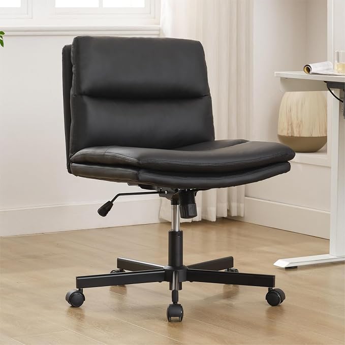 Okeysen Criss Cross Chair with Wheels, Armless Wide Seat Cross Legged Comfy Office Desk Chair, PU Leather Height Adjustable Swivel Computer Task Chairs for Home, Office, Vanity, Black