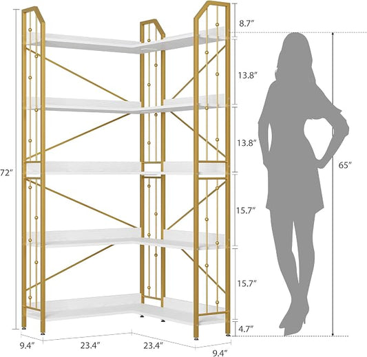 GarveeHome Corner Bookshelf 72" L Shaped Bookcase, Corner Bookshelves Industrial Bookcase 5 Tier L-Shape Bookshelf, Large Bookcases with Beaded Design Tall Display Rack Shelf for Living Room Bedroom