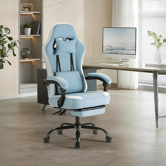 NEWBULIG Gaming Desk Chair - High Back Computer Office Chair with Footrest and Headrest, Comfy Ergonomic Lumbar Support with Linkage Armrests, Height Adjustable and 360° Swivel Wheels, Blue