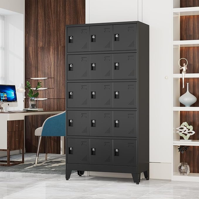 Metal Lockers for Employees-15 Doors Storage Locker with Shelves and Lockable Steel Cabinet for School,Gym,Office,Staff,Assembly Required,Black