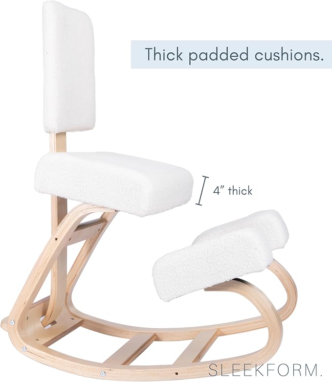 Sleekform East Austin Ergonomic Kneeling Chair with Back Support - Boucle and Wood Ergo Stool for Desk - Best Ergonomic Kneeling Office Chair for Posture and Leg Circulation