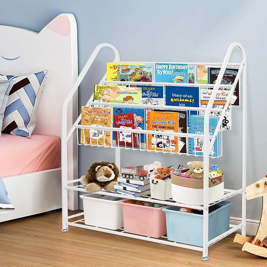 aboxoo Metal Kids Bookshelf Freestanding Bookcase for Children Room 32 in Large Toy Organizer Modern MinimalistWhite Stable Metel Bookstore Bedroom, Living, Library Book Unit Storage
