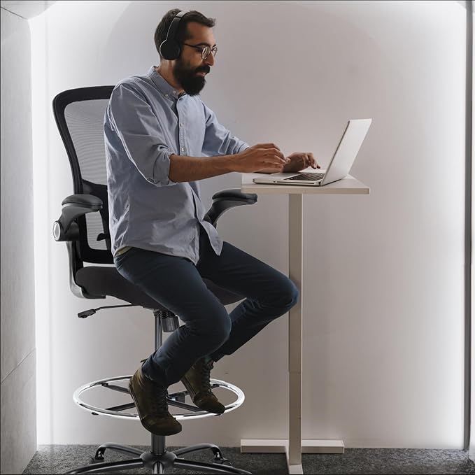 Ergonomic Drafting Chair – Tall Office Chair for Standing Desk, Adjustable Height Mesh Chair with Footrest and Flip-Up Arms, Counter Height, Black