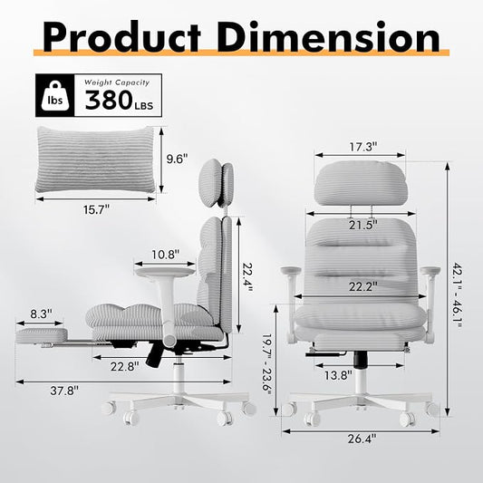 GXJ Criss Cross Legged Office Chair with Flip-up Arms, Footrest, G800 Plus | 6.3" Cushion Relieves Tailbone Pain, Head-Lumbar Support Eases Fatigue, Smooth Rolling Wheels, Corduroy Desk Seating, Grey