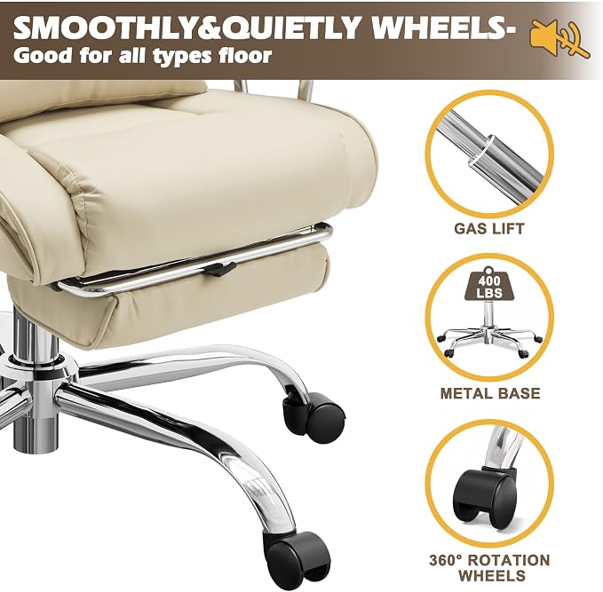 Big and Tall Office Chair with Foot Rest Comfortable Executive Reclining Office Large Leather Chair with Adjustable High Back Heavy Duty for Heavy People up to 400lbs