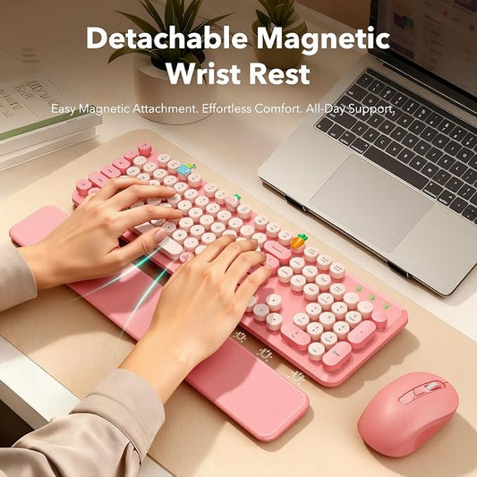 Wireless Keyboard and Mouse Combo, Cute Full-Size Retro Typewriter Keyboard with Round Keycaps, Magnetic Wrist Rest, Tilt Legs, 2.4GHz Cordless for Mac, Windows PC, Laptop, SABLUTE CK23, Baby Pink