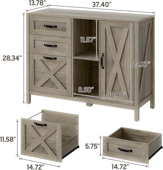 Befrases Farmhouse Lateral Filing Cabinet, Lateral File Cabinet with 3 Drawers and Cabinet, Large Printer Stand with File Drawer for Letter/A4 Size Hanging Files for Home Office, Rustic Grey