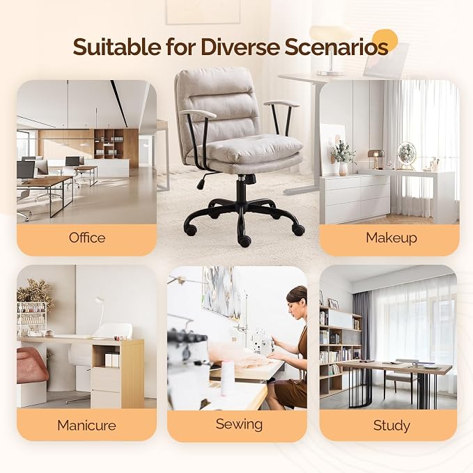 VINGLI Comfortable Office Desk Chairs with/No Wheels,Dual-Base,Removable Armrests,Adjustable Comfy Swivel Computer Task Nail Tech Chair for Office,Sewing,Makeup Vanity,Teen,Linen Fabric,Light Grey