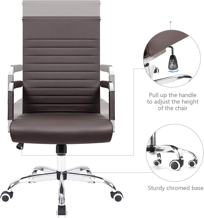 KaiMeng Ribbed Office Desk Mid Back Computer Chair Height Adjustable Conference Executive Task Swivel PU Leather (Brown)