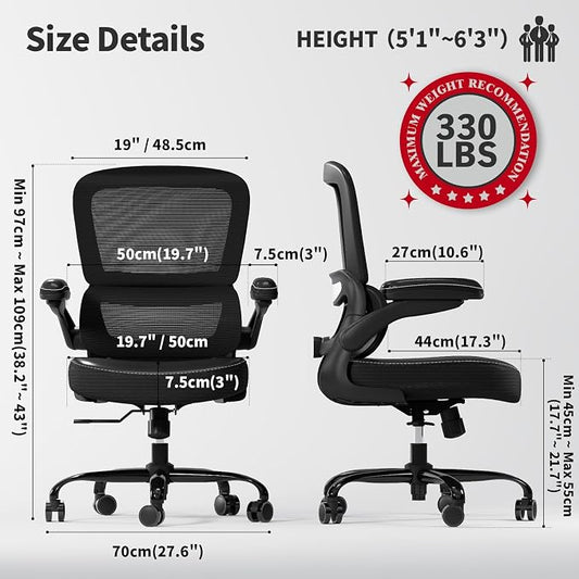 TRALT Ergonomic Office Chair - Desk Chair with Adjustable Lumbar Support Computer Chair - Mesh Comfy Chair with Flip-up Armrests - Gaming Chairs for Adults Home Office (Leather, Black)