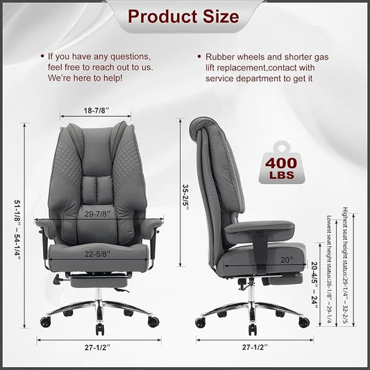 EXCEBET Big and Tall Office Chair 400lbs Wide Seat, Leather High Back Executive Office Chair with Foot Rest, Ergonomic Chairs Lumbar Support for Lower Back Pain Relief (Grey)