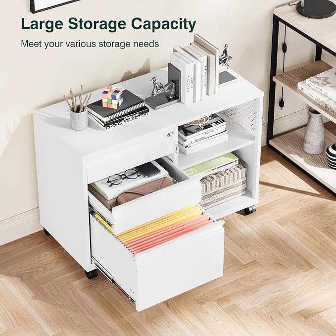 3 Drawer Metal File Cabinet with Lock, Mobile Lateral Filing Cabinet with Side Hook for Letters/Legal/A4, Printer Stand Storage Cabinets with Shelves for Home Office(White)