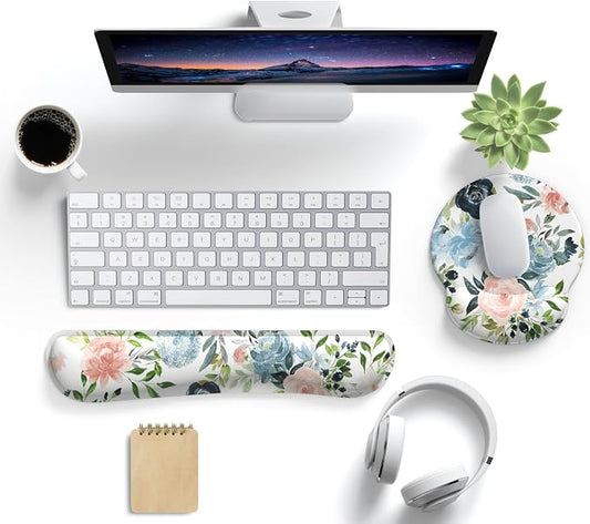Green Blue Pink Floral Mouse Pad Wrist Support Keyboard Wrist Rest Set, Ergonomic Mouse Pad with Non-Slip Pu Base for Computer Office Comfortable Mouse Wrist Rest Easy Typing & Pain Relief Mouse Pad.