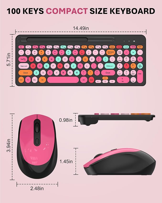 Colorful Wireless Keyboard and Mouse Combo - Round Keycaps, 2.4GHz Retro Typewriter Keyboard with Number Pad, Cute Compact USB Keyboard and Mouse for Computer PC Desktop Laptop (Pink & Black Colorful)