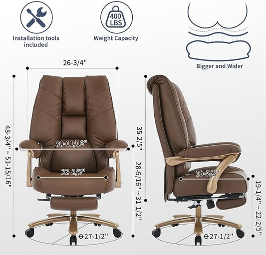 EXCEBET Big and Tall Executive Office Chair with Footrest, 400LBS Capacity Ergonomic High-Back Desk Office Chair with Lumbar Support, Padded Armrests & Thick Cushion, Brown PU Leather Chairs