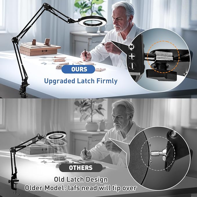 HITTI Ultra Long 12X Magnifying Glass with Light and Clamp, 5 Color Modes Stepless Dimming Desk Lamp, Swivel Arm Workbench Light, Hands Free Lighted Magnifier Stand for Craft Reading Soldering
