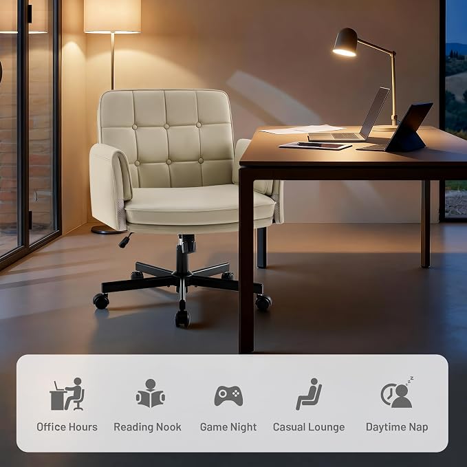 Criss Cross Chair with Wheels - PU Leather Comfy Wide Seat Criss Cross Desk Office Chair with Armrests - Comfortable Swivel Rolling Tilting Vanity Chair with Back for Home Office Makeup Bedroom