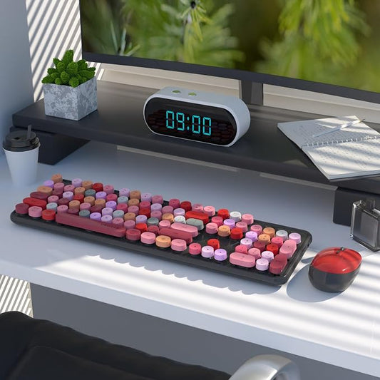 UBOTIE Colorful Wireless Keyboard and Mouse Combos, Retro Typewriter Floating Flexible Full-Sized Keys Computer Keyboard with Optical Mouse, 2.4GHz USB-A Connection for Windows Mac (Black-Colorful)
