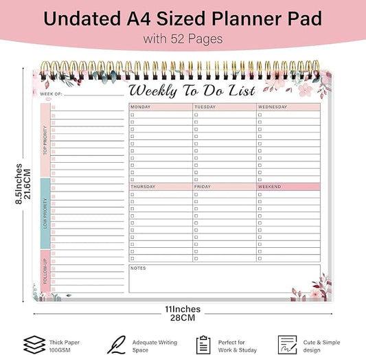 Weekly To Do List Notepad with 52 Undated Sheets(8.5"×11")- Undated Weekly Desk Planner for Women & Man, School/Office Supplies