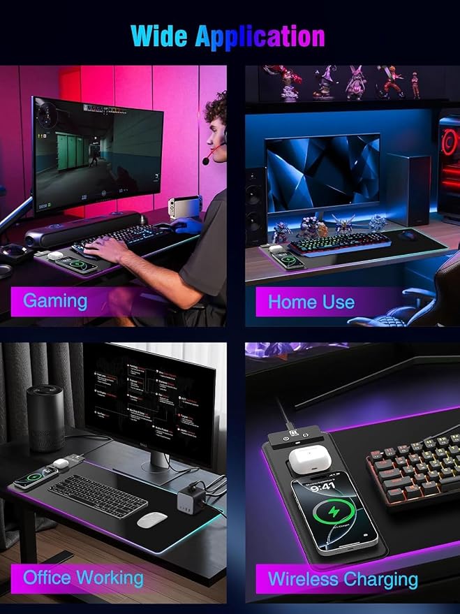 Mouse Pad with Magnetic Wireless Charging, Large Desk Pad Protector, RGB Black Desk Mat with 15W Fast Charger, Non-Slip Waterproof Mousepad for Office Home Gaming