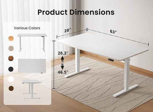 BANTI 63 × 28 Inches Standing Desk, Ergonomic, Electric Height Adjustable, Sit and Stand Up, Computer Office Desk with Splice Board, White Frame/White Top