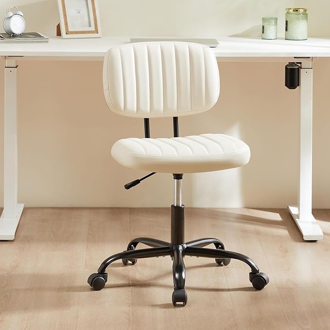 Simple Deluxe Small Desk Chair, Armless Office Chair with Wheels, PU Leather Comfy Computer Task Swivel Vanity Rolling Chairs No Arms for Small Space, Home Office, Beige White