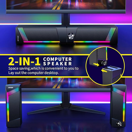 Computer Speakers, 2 in 1 PC Speaker , Gaming Speakers for PC Computer Laptop Desktop Monitor, RGB Speakers with Touch Sensitive Lighting, USB Powered 3.5mm Aux(Package Only Two Speaker, No Soundbar)