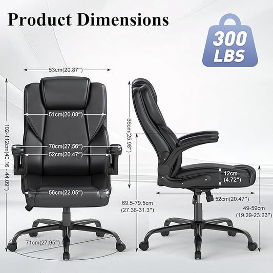 Ergonomic Executive Office Chair, Mid Back PU Leather Computer Desk Chair with Flip-Up Armrests, Lumbar Support, Adjustable Height and Rocking Function, Black