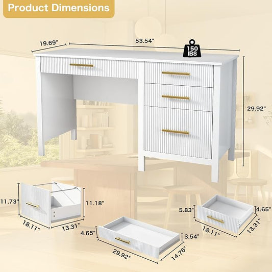 Modern Executive Desk with Drawers: 54 Inch White Home Office Desks with File Drawer, Wood Fluted Desk with Storage, Writing Computer Desks with 4 Drawers