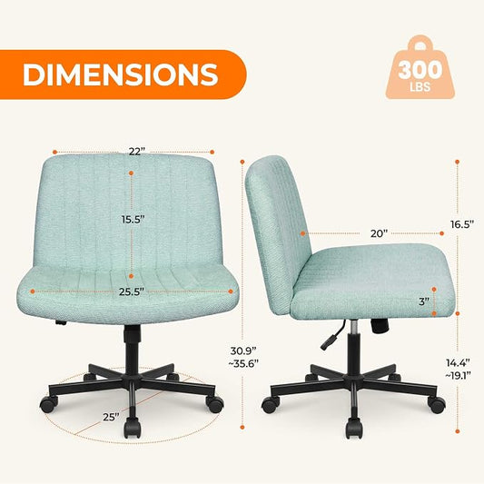 NEO CHAIR Criss Cross Chair with Wheels Home Office Cross Legged Armless Chairs Ergonomic Adjustable Computer Desk Task Wide Seat for Bedroom Vanity Comfy Swivel (Mint)
