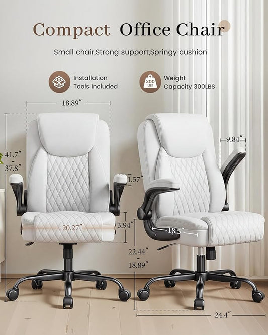 COMHOMA Mid-Back Office Chair, Ergonomic PU Desk Chair with Flip up Arms, Small Computer Gaming with Comfy Lumbar Support,Rocking Function,Sturdy Metal Base, White