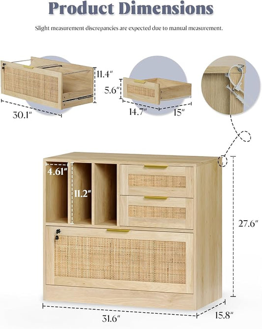 Lateral File Cabinets for Home Office, 3 Drawer and 3 Open Shevles Filing Cabinet with Lock, Wide Rattan Filing Organization Storage Cabinets with Printer Stand for Hanging Files/Letter, Natural Wood