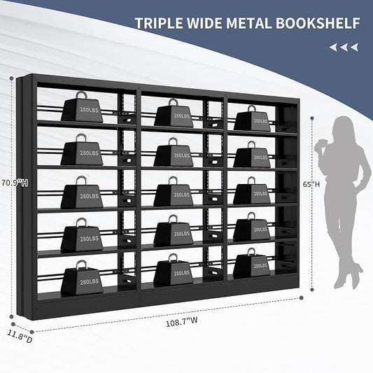 70.9" H Metal Bookshelf, Adjustable Bookcase, 5-Tier Heavy Duty Bookshelf with Bookend, Tall Bookshelves, Bookcase Shelf for Living Room, Office, Library,Classroom (Black-108.30W)