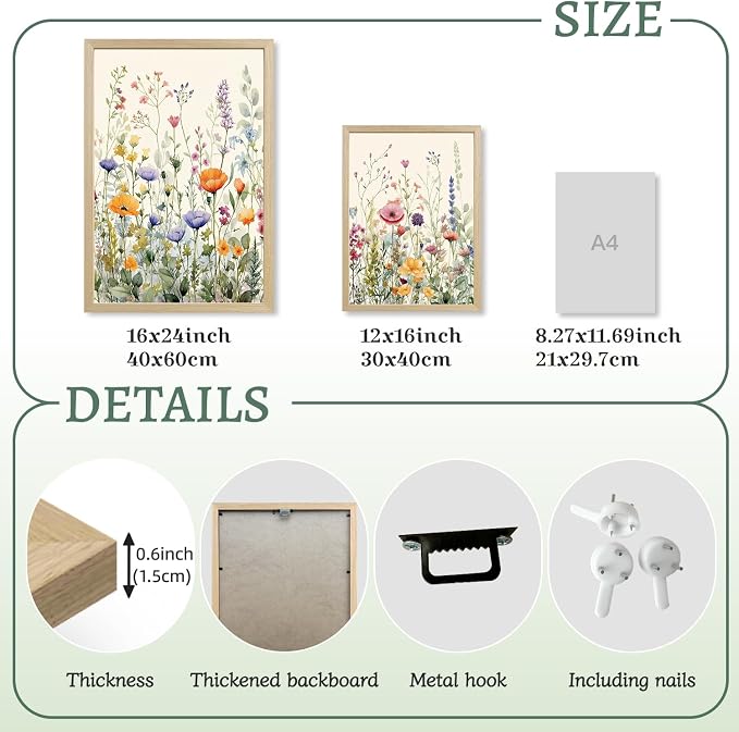 LLEEMPI Watercolor Floral Wall Art Set of 3, Colorful Wildflower Wall Decor, Modern Abstract Botanical Canvas Painting, Rustic Farmhouse Poster Print for Bedroom Bathroom Office Wood Framed 12x16 Inch