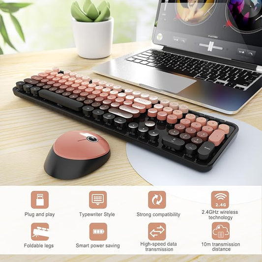 SkyGive Wireless Keyboard and Mouse Combo, Ergonomic Full Size Typewriter Retro Round Keycaps Keyboard, Compatible with Windows, PC, Perfer for Home and Office Keyboards (Aurora Red)