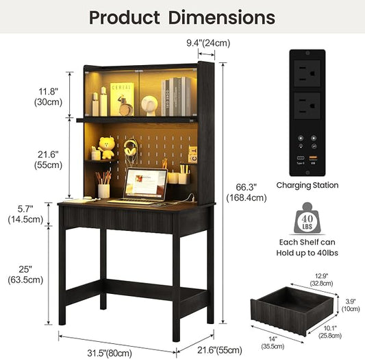 Lvifur 31.5" Small Study Desk with - Drawer & Hutch,Computer Desk with Charging Station,Compact Writing Desk with LED Reading Lights,Home Office Desks for Small Spaces,Bedroom Study Room,Black