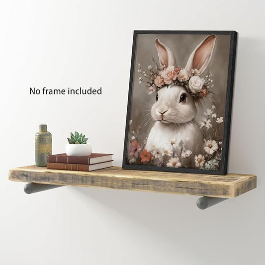 WIARTSH Vintage Easter Bunny Wall Art Poster, White Bunny with Flower Crown Canvas Prints, Cottage Farmhouse Animal Artwork, Rustic Easter Wall Decor for Kids Room Bedroom Living Room 8x10in Unframed
