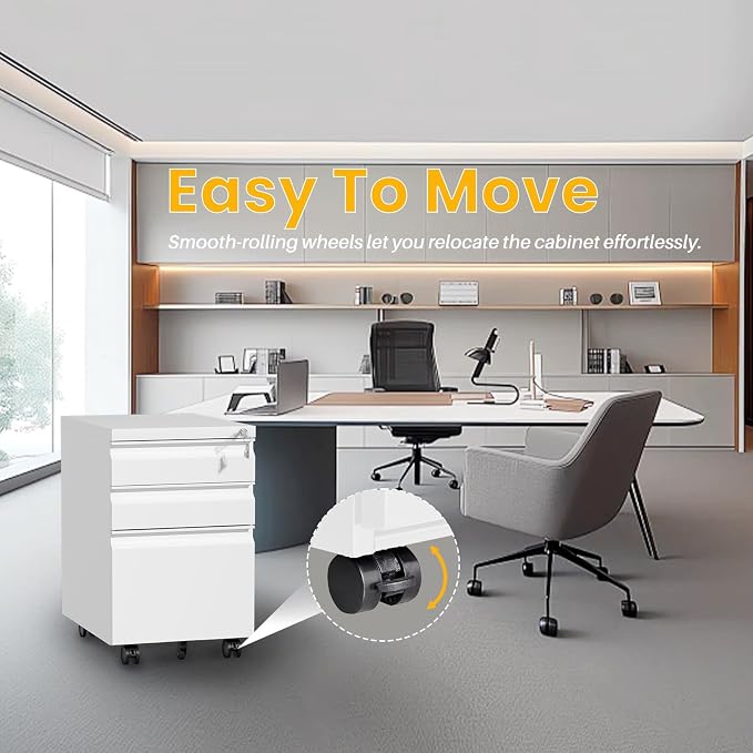 3-Drawer Mobile Steel Filing Cabinet with Lock, Fully Assembled Under Desk File Cabinet for Letter/Legal/A4 Size, Heavy Duty Storage Organizer for Home Office