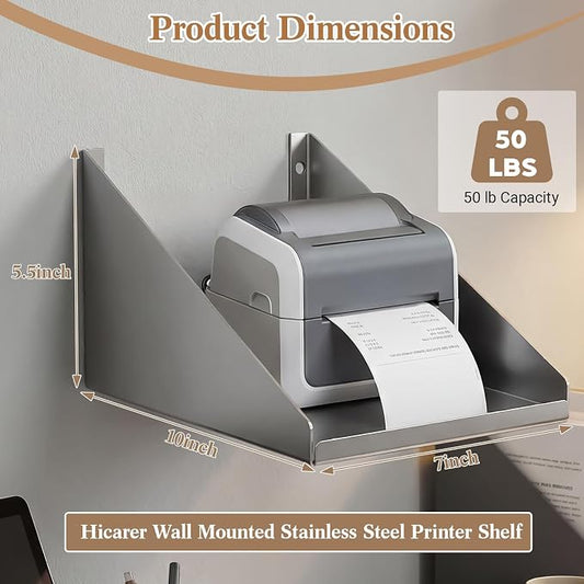Hicarer Wall Mounted Pos Printer Shelf 7" x 10" x 5.5" Stainless Steel Receipt Ticket Printer Stand for Restaurant Cafe Retail Pos System, with Wire Take-up Hole