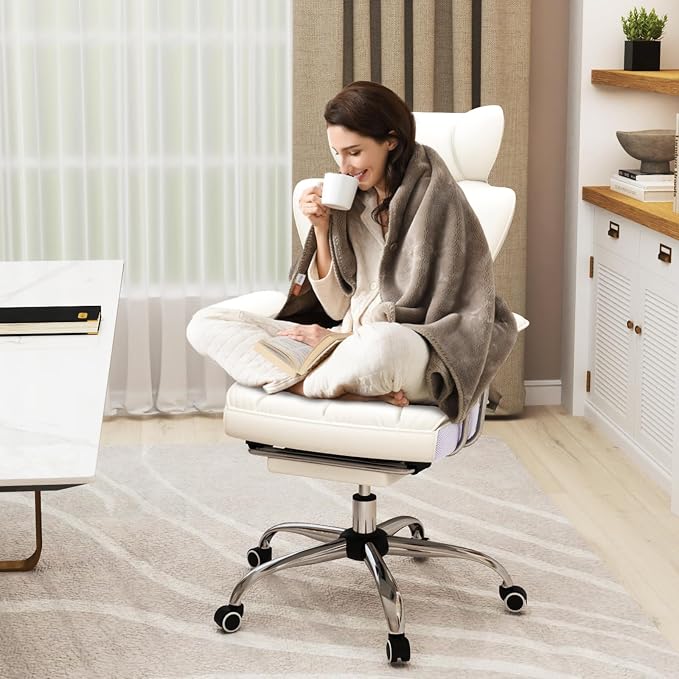 Giantex Office Desk Chair, Big and Tall Executive Office Chair with Foot Rest and Lumbar Support, High Back Leather Swivel Computer Task Chair, Large Ergonomic Reclining Home Office Chair, White