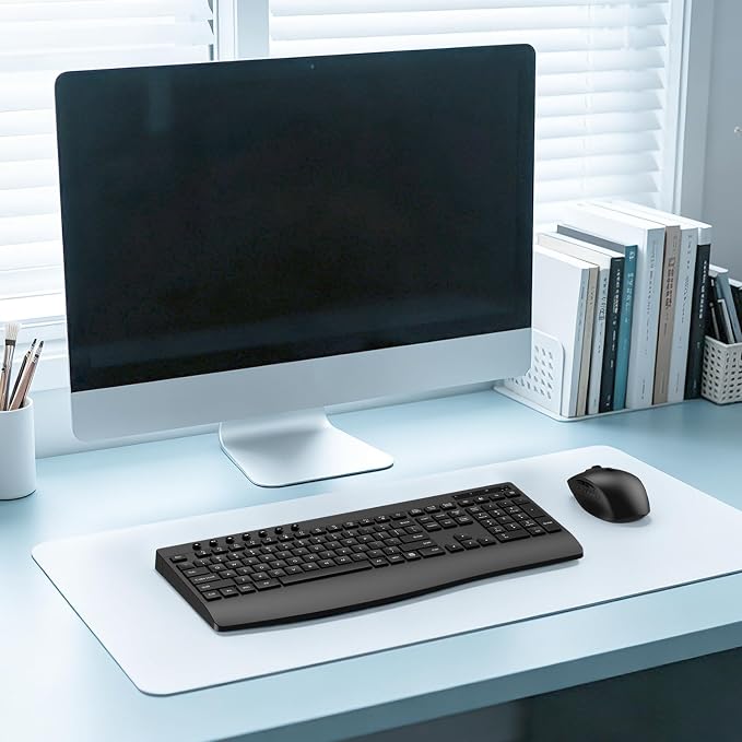 Wireless Keyboard and Mouse Combo, Full-Size Ergonomic Computer Set with Palm Rest, Lag-Free 2.4G USB Cordless Quiet Typing, Silent Click, Auto-Sleep for PC, Mac, Laptop, Windows (Black)