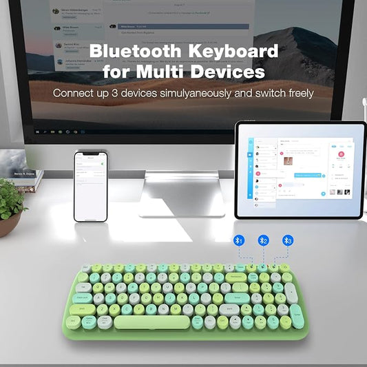MOFII Wireless Bluetooth Keyboard for Mac, iPad, iPhone, PC, Laptop & Android, Connect up to 3 Devices Simultaneously, Portable 100-Key Typewriter Retro Round Keycaps Keyboard Green