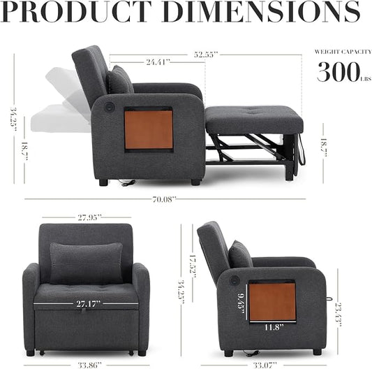 Convertible Sleeper Chair-Fabric Futon Sofa Bed, Single Sleeper Sofa, Small Couch Bed with USB Port, Foldable Table, Pillow, Adjustable Backrest for Dorm/Bedroom/College Darkgrey